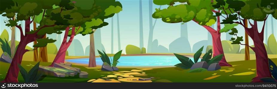 Blue lake in thick summer forest. Vector cartoon illustration of beautiful natural landscape with tall trees, green grass and bushes, stone road to small pond with clear water. Spring park background. Blue lake in thick summer forest