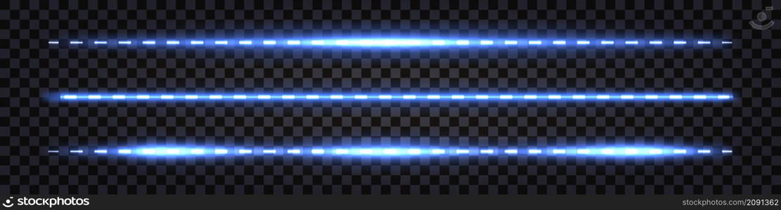 Blue laser beams with neon glowing light effect. Luminous ray lines with thunder bolt flash. Shiny border design, futuristic streaks isolated. Vector illustration