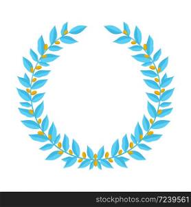 Blue laurel wreath with golden berries. Vintage wreaths heraldic design elements with floral frames made up of laurel branches with gold berries on white background. Symbol of winner or valor and mind. Vector illustration. Blue laurel wreath with golden berries. Vintage wreaths heraldic design elements with floral frames made up of laurel branches with gold berries on white background. Symbol of winner or valor and mind.