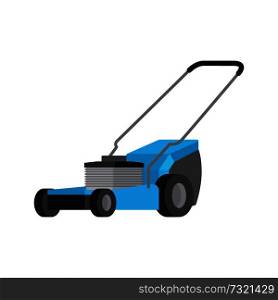 Blue lawn-mower flat vector icon isolated on white background. Motorized equipment for yard and garden lawn care illustration. Blue lawnmower isolated flat vector icon