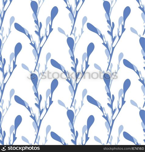 Blue leaf branch backdrop. Branches seamless pattern. Vector illustration on white background for textile or book covers, wallpapers, design, graphic art, wrapping. Blue leaf branch backdrop. Branches seamless pattern.