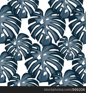 Blue leaves Monstera seamless patern. Tropical wallpaper. Botanical leaf backdrop. Trendy design for fabric, textile print, wrapping paper. Vector illustration. Blue leaves Monstera seamless patern. Tropical wallpaper.