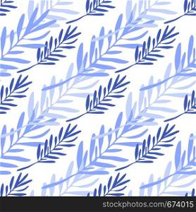 Blue leaves seamless pattern. Leaf branch backdrop. Vector illustration on white background for textile or book covers, wallpapers, design, graphic art, wrapping. Blue leaves seamless pattern. Leaf branch backdrop.