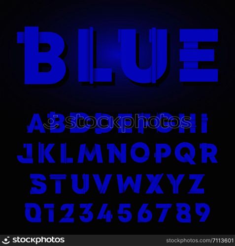 Blue letters and numbers gradient shadow design. Alphabet font template. Vector illustration.. Blue letters and numbers gradient shadow design. Alphabet font template
