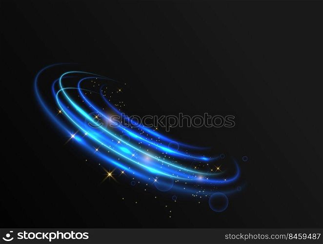 Blue light effect curves with sparkle on black background. Vector illustration 
