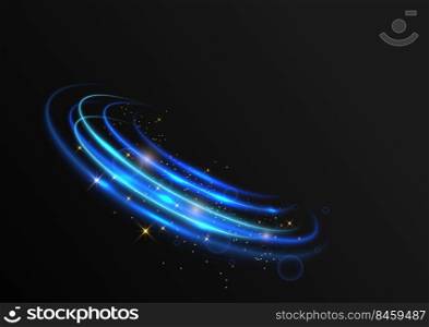 Blue light effect curves with sparkle on black background. Vector illustration 