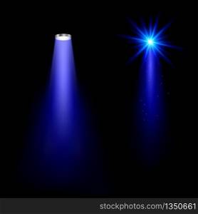 Blue Light Effects on black background Bright rays of light flashes. vector illustration.
