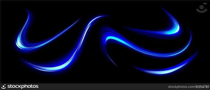 Blue light lines, effect of speed motion trails. Abstract streaks of fast flash movement, blurred neon glow at night, vector realistic set isolated on transparent background. Blue light lines, effect of speed motion trails