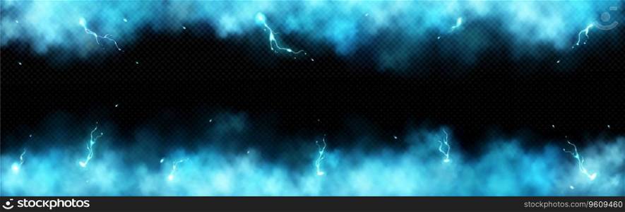 Blue lightning and smoke effect frame background. 3d abstract thunder glow cloud border design element. Isolated glowing thunderbolt impact overlay with fluffy texture. Transculent fog with sparkle. Blue lightning and smoke effect frame background