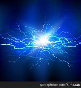 Blue Lightning Background . Blue lightning realistic background with a bright bunch of light vector illustration