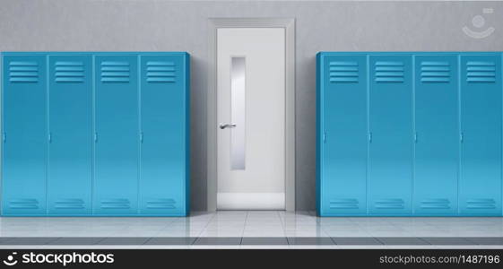 Blue lockers in school corridor and closed door to class room. Vector realistic interior of hallway with individual metal cabinets in sport or fitness club, college, university. School corridor with blue lockers and closed door