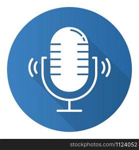 Blue loud microphone flat design long shadow glyph icon. Stereo mic recording sound idea. Portable wireless speaker. Audio equipment. Modern studio technology. Vector silhouette illustration