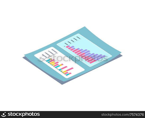 Blue lying paper with rectangular charts and rising columns, diagram with numbers, 3D list with shadow. Page with colorful graph and statistics vector. Blue Lying Paper with Rectangular Charts Vector