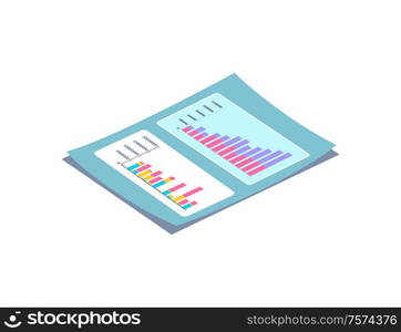 Blue lying paper with rectangular charts and rising columns, diagram with numbers, 3D list with shadow. Page with colorful graph and statistics vector. Blue Lying Paper with Rectangular Charts Vector