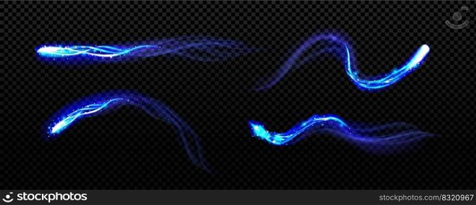 Blue magic light, smoke or wind effect with stars or sparkles. Wand spell traces, neon glowing magician, wizard or fairy shiny trail isolated on transparent background Realistic 3d vector illustration. Blue magic light, smoke or wind effect with sparks
