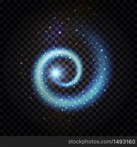 Blue magic spiral swirl. Glowing wave with light effect and stardust glittering sparkles on transparent background. Night space galaxy. Vector illustration