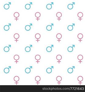 Blue Male and pink female sign. Circle with an arrow and cross down. Belonging to the masculine or female gender. Seamless pattern. Vector Illustration.