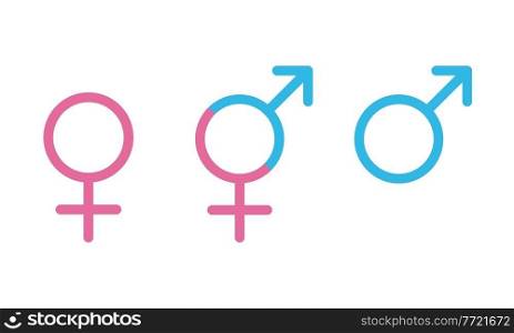 Blue Male and pink female sign. Circle with an arrow and cross down. Belonging to the masculine or female gender. Vector Illustration