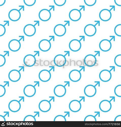 Blue Male sign. Circle with an arrow. Belonging to the masculine gender. Seamless pattern. Vector Illustration.
