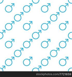 Blue Male sign. Circle with an arrow. Belonging to the masculine gender. Seamless pattern. Vector Illustration.