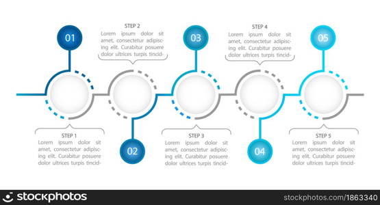 Blue management round infographic chart design template. Banking info. Abstract vector infochart with blank copy spaces. Instructional graphics with 5 step sequence. Visual data presentation. Blue management round infographic chart design template