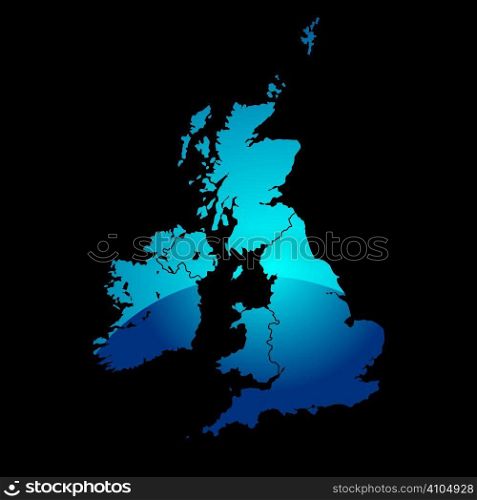 Blue map of the uk divided in two with a shadow and black background