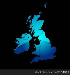 Blue map of the uk divided in two with a shadow and black background
