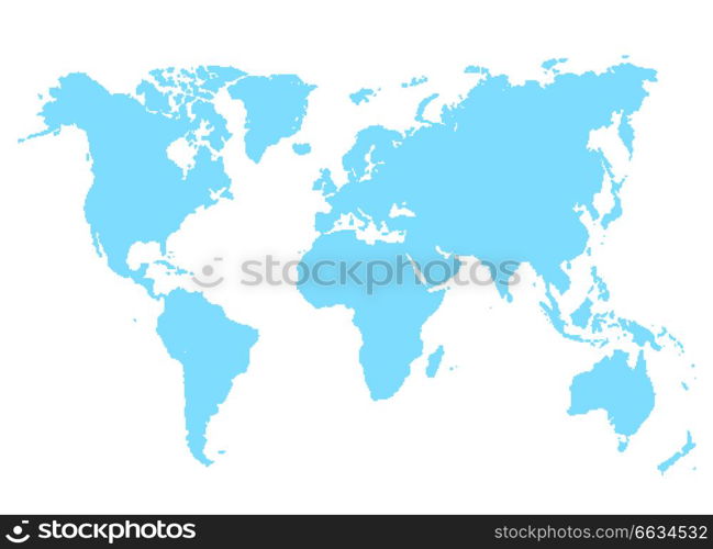 Blue map of world vector illustration isolated on white. Abstract geographical cartography card with continents vector illustration in flat style. Blue Map of World Vector Illustration Isolated