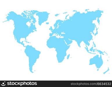Blue map of world vector illustration isolated on white. Abstract geographical cartography card with continents vector illustration in flat style. Blue Map of World Vector Illustration Isolated