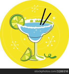 Blue Margarita: Retro cocktail icon on yellow background