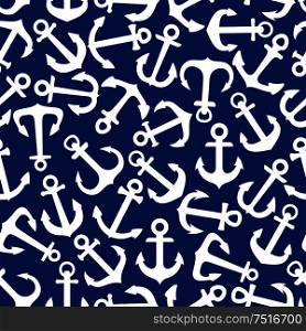 Blue marine themed seamless pattern with background of retro ship anchors white silhouettes. May be used as sailing, journey theme, textile or wallpaper or scrapbook page design. Marine seamless pattern with anchors