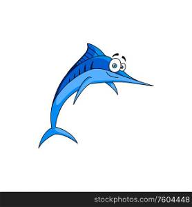 Blue marlin with sharp nose isolated cartoon character. Vector side view of comic swordfish. Comic blue marlin fish with sharp nose isolated