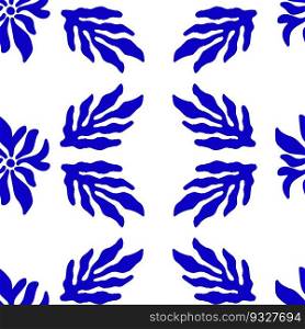Blue Matisse plants seamless pattern. Minimal abstract floral print for wallpaper, textile, packaging. Vector illustration