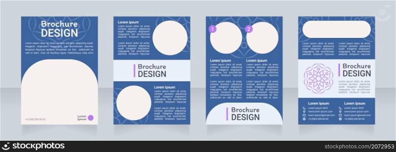 Blue meditation ornamental blank brochure design. Template set with copy space for text. Premade corporate reports collection. Editable 4 paper pages. Roboto Light, Medium, Itim Regular fonts used. Blue meditation ornamental blank brochure design