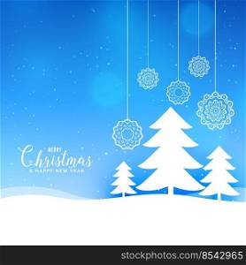 blue merry christmas landscape background with paper style tree and balls