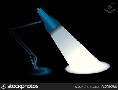 Blue metal desk lamp with black background