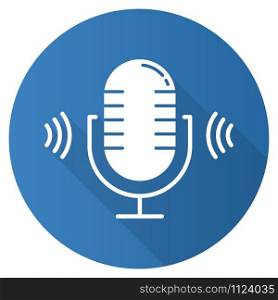 Blue microphone flat design long shadow glyph icon. Voice scan software idea. Modern sound recording equipment. Stereo frequency, speech recognize. Volume amplifier. Vector silhouette illustration