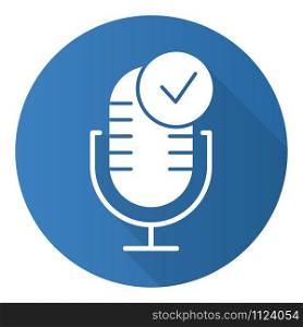 Blue microphone installation flat design long shadow glyph icon. Sound recorder connected idea. Successful connection. Voice control, speech recognition process. Vector silhouette illustration