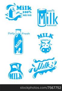 Blue milk labels and banners designs isolated on white background with text milk and one hundreed percents