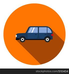 Blue mini van icon in flat style in yellow circle with shadow. Side view. Mini van car icon, flat style