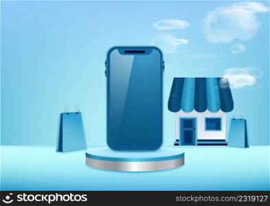 Blue mobile phone and mockup shop on blue pedestals overlap. Product display stand. Concept of online shopping on mobile app with shopping bags. vector illustration