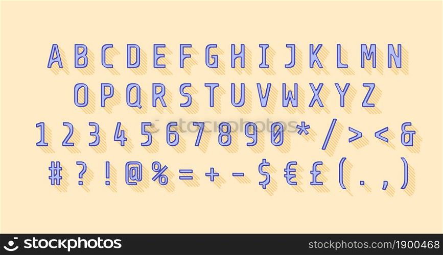 Blue modern rounded alphabet set. Vector decorative typography. Decorative typeset style. Latin script for headers. Trendy letters and numbers for graphic posters, banners, invitations texts. Blue modern rounded alphabet set