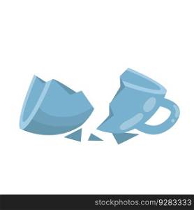 Blue mug. Element of kitchen. Broken cup. Shards and sloppy handling. Cartoon flat illustration. Blue mug. Element of kitchen. Broken cup.