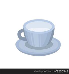 Blue mug for drink. Cup with milk. Element of kitchen. Dishes in isometric view. Red mug for drink. Cup with coffee.