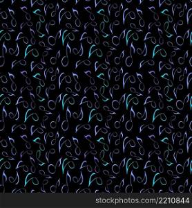 Blue musical notes are randomly scattered over a black background.Abstract music seamless pattern background.Musical background for your design. Vector illustration. EPS10