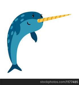 Blue narwhal sea animal cartoon icon on white background, vector illustration. Blue narwhal sea animal icon