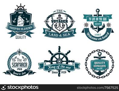 Blue nautical and sailing themed banners or icons with ship, anchor, rope, steering wheel and ribbons. Blue Nautical and Sailing Themed Icons