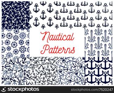 Blue nautical seamless patterns with set of marine ship anchor with rope and chain, retro wooden helm and steering wheel. Water transportation and travel themes design. Nautical seamless pattern set with anchor and helm