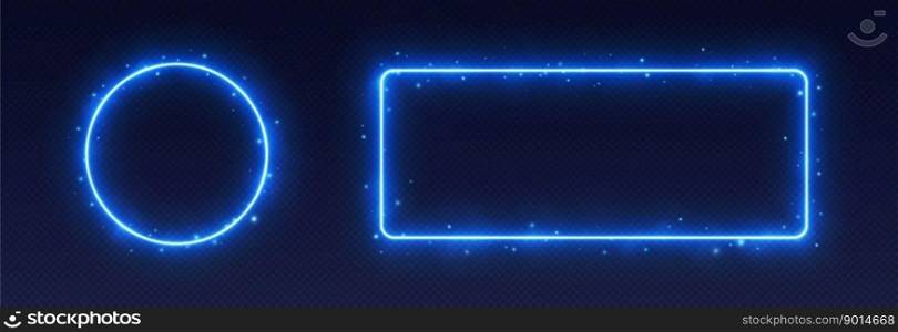 Blue neon frames with smoke and sparkles, ice borders concept. Circle and rectangle glowing elements for game UI. Vector illustration.. Blue neon frames with smoke and sparkles, ice borders concept.