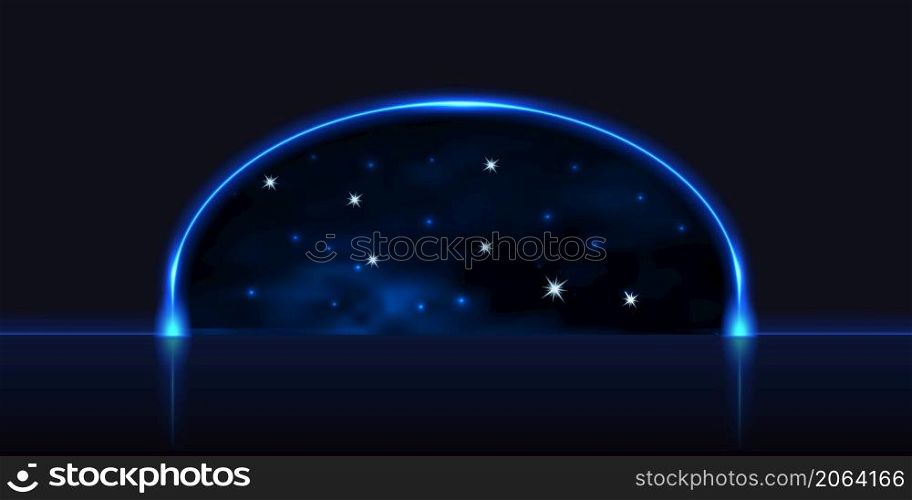 Blue neon gate, portal to galaxy space. glowing neon arch with light effect, cosmic star nebula and dark night sky. Vector illustration